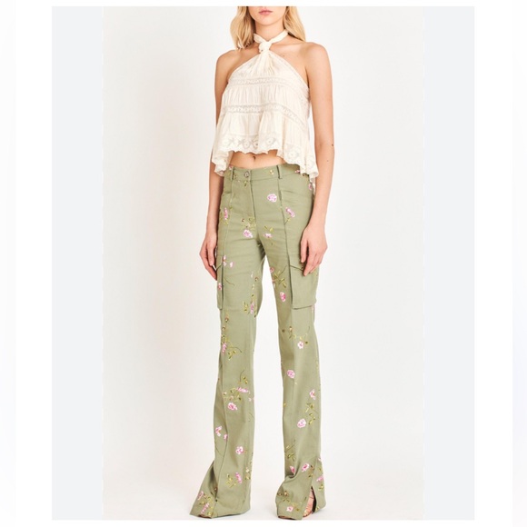 LoveShackFancy Atworth Cargo Embroidered pant Floral Size 12 Olive Green - Picture 8 of 16